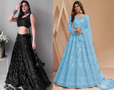 Reelove Factory Embroidered Semi Stitched Lehenga Choli(Black, Light Blue)