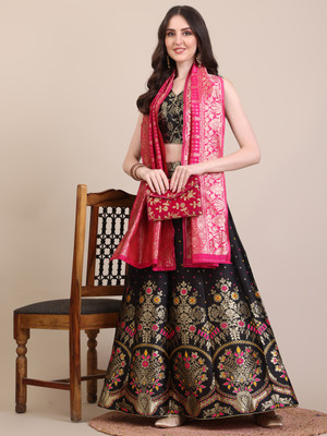 Harshiv Textile Self Design Semi Stitched Lehenga Choli(Black)