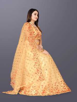 Mb Fashion Embroidered Semi Stitched Lehenga Choli(Gold)