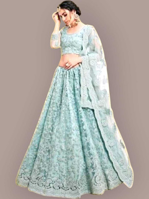 Kitvillaa Embroidered Semi Stitched Lehenga Choli(Multicolor)
