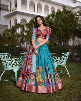 RTWOSTOR Printed Semi Stitched Lehenga Choli(Light Blue)