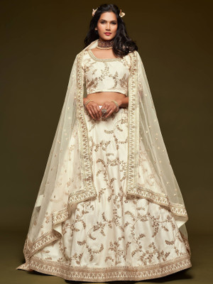 MAN PRIYA TRENDZ Embroidered Semi Stitched Lehenga Choli(White)