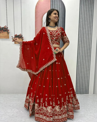 R K ENTERPRISE Embroidered Semi Stitched Lehenga Choli(Red)