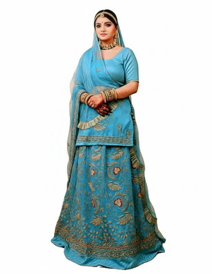 Bhawani Collection Embroidered Semi Stitched Rajasthani Poshak(Light Blue)