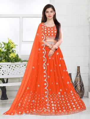 Trust Win Textile Embroidered Semi Stitched Lehenga Choli(Orange)