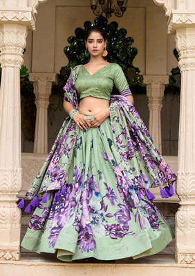 Reelove Factory Floral Print Semi Stitched Lehenga Choli(Light Green)