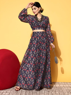 kaizen texo fab Printed Semi Stitched Lehenga Choli(Dark Blue)