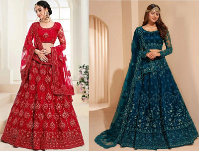 Udbhav Export Embroidered Semi Stitched Lehenga Choli(Red, Blue)