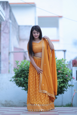 YAVARNA FASHION Embroidered, Embellished Semi Stitched Lehenga Choli(Orange)