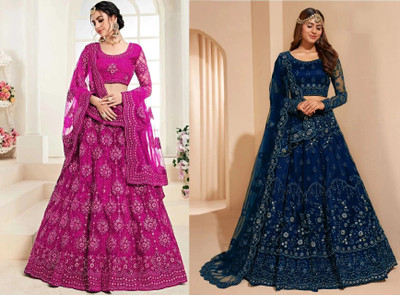 Udbhav Export Embroidered Semi Stitched Lehenga Choli(Dark Blue, Pink, Multicolor)
