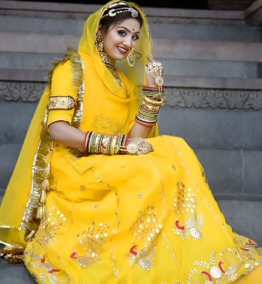 MADHUR HAND WORK ART Embroidered, Embellished Semi Stitched Rajasthani Poshak(Yellow)