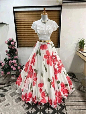 HOUSE OF COMMON Printed Stitched Lehenga & Crop Top(Pink, White)