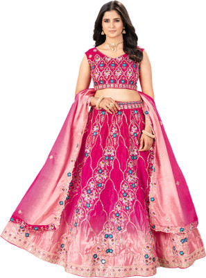 KAPANKU Embroidered Semi Stitched Lehenga Choli(Pink)