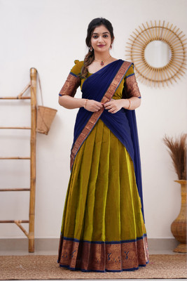 R K INFINITIVE Solid Semi Stitched Lehenga Choli(Gold, Dark Blue)