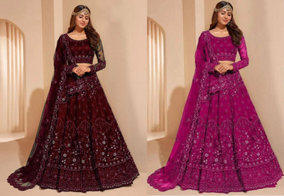 Udbhav Export Embroidered Semi Stitched Lehenga Choli(Maroon, Pink)