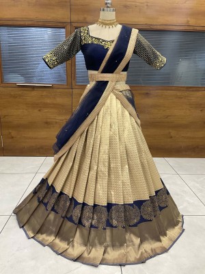 Fabcartz Embroidered Semi Stitched Lehenga Choli(Beige, Dark Blue)