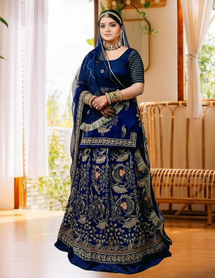 Bhawani saree center Embroidered Semi Stitched Rajasthani Poshak(Blue)