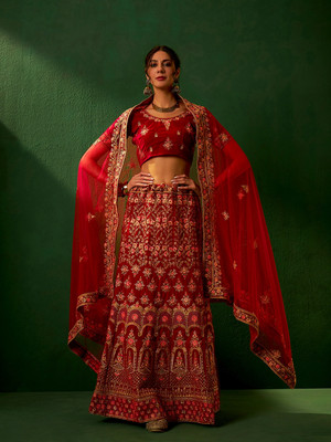 Sangria Embroidered Semi Stitched Lehenga Choli(Red)