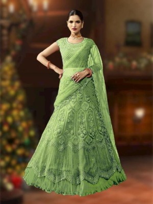 Yozzby Embroidered, Self Design Semi Stitched Lehenga Choli(Green)