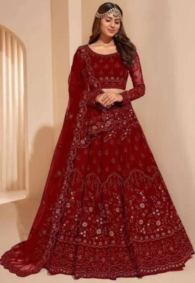 LILUDI Embroidered Semi Stitched Lehenga Choli(Red)