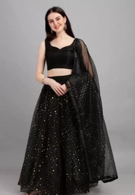 KRIMAA Polka Print Semi Stitched Lehenga Choli(Black)