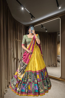krutam Leheriya Semi Stitched Lehenga Choli(Yellow)