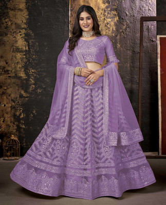 Hanumant Creation Embroidered, Embellished, Self Design, Chevron/Zig Zag Semi Stitched Lehenga Choli(Purple)