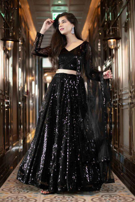 Trijal Fab Embroidered Semi Stitched Lehenga Choli(Black)