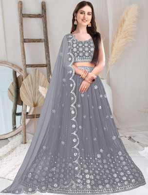 F Plus fashion Embroidered Semi Stitched Lehenga Choli(Grey)