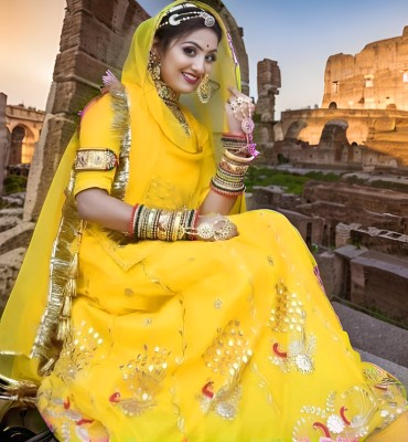 balaji textiles Embroidered, Embellished Semi Stitched Rajasthani Poshak(Yellow)