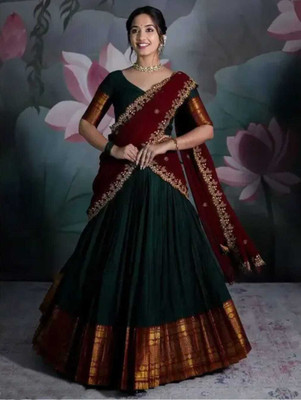 KENVI FASHION Solid Semi Stitched Lehenga Choli(Green)