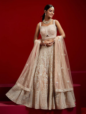 Cute Fellow Embroidered Semi Stitched Lehenga Choli(Beige)