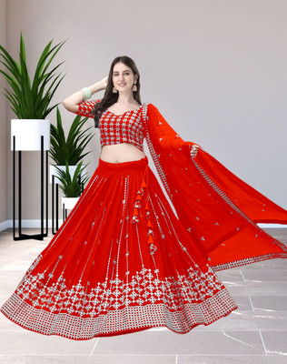 Women Wed Embroidered Semi Stitched Lehenga Choli(Red)
