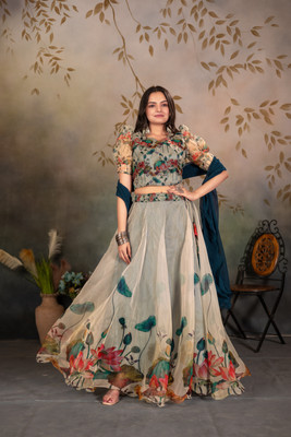 PuriMaa Floral Print Semi Stitched Lehenga Choli(Blue)