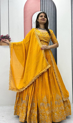 Jash Enterprises Embroidered Semi Stitched Lehenga Choli(Yellow)