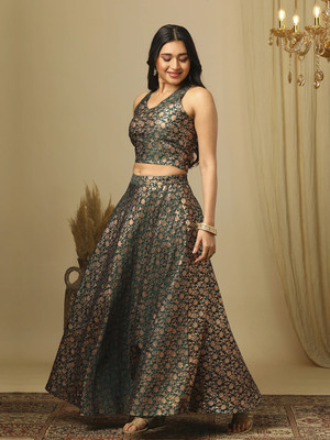 Globus Printed Stitched Lehenga & Crop Top(Green)