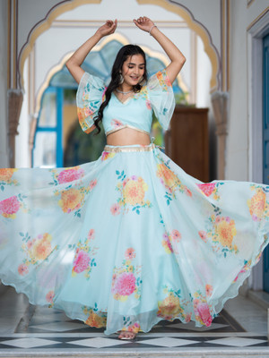 Aspora Printed Semi Stitched Lehenga Choli(Light Blue)