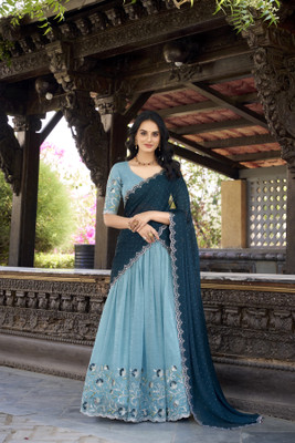 kridhashopping Embroidered Semi Stitched Lehenga Choli(Light Blue)