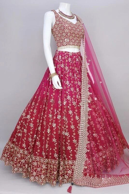 TRIVORA Embroidered Semi Stitched Lehenga Choli(Pink)