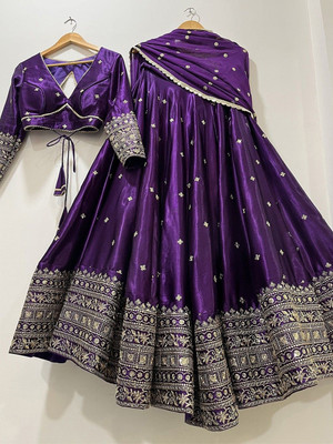 Cute Fellow Embroidered Semi Stitched Lehenga Choli(Purple)