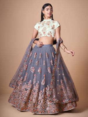 odette Embroidered Semi Stitched Lehenga Choli(Grey)