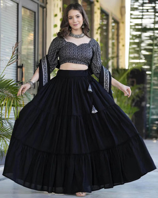 Bairaj Solid Stitched Lehenga & Crop Top(Black)