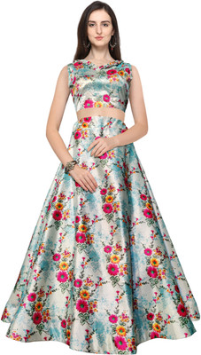 kaizen International Digital Print Semi Stitched Lehenga & Crop Top(Light Blue)
