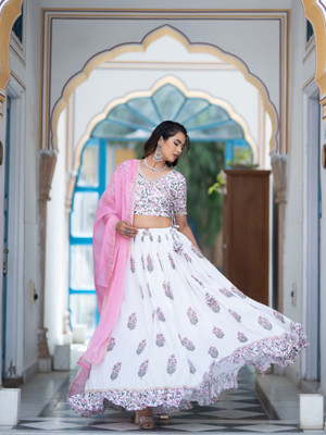 Aspora Printed Semi Stitched Lehenga Choli(White)