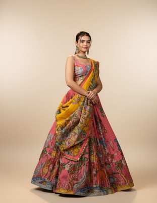 THREADTHRILL Digital Print Semi Stitched Lehenga Choli(Pink)