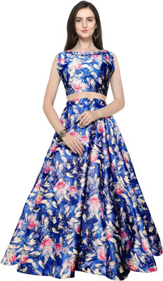 kaizen International Digital Print Semi Stitched Lehenga & Crop Top(Blue)