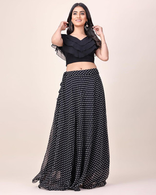Outlook Wear Self Design Stitched Lehenga & Crop Top(Black)