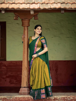 R K INFINITIVE Printed Semi Stitched Lehenga Choli(Gold, Green)