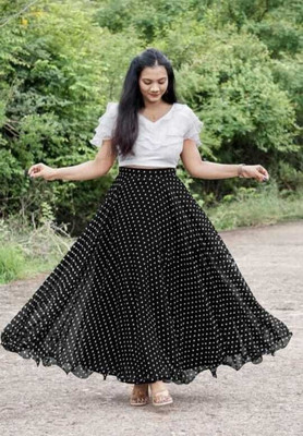 Rivaashafashion Floral Print Stitched Lehenga & Crop Top(Black, White)