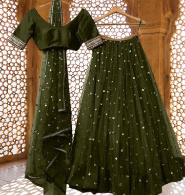 Rise On Fab Self Design Semi Stitched Lehenga Choli(Green)
